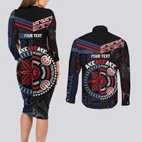 Aotearoa and Samoa Together For Te Tiriti Couples Matching Long Sleeve Bodycon Dress and Long Sleeve Button Shirt Kowhaiwhai Mix Siapo - Flag Color LT7 - Polynesian Pride