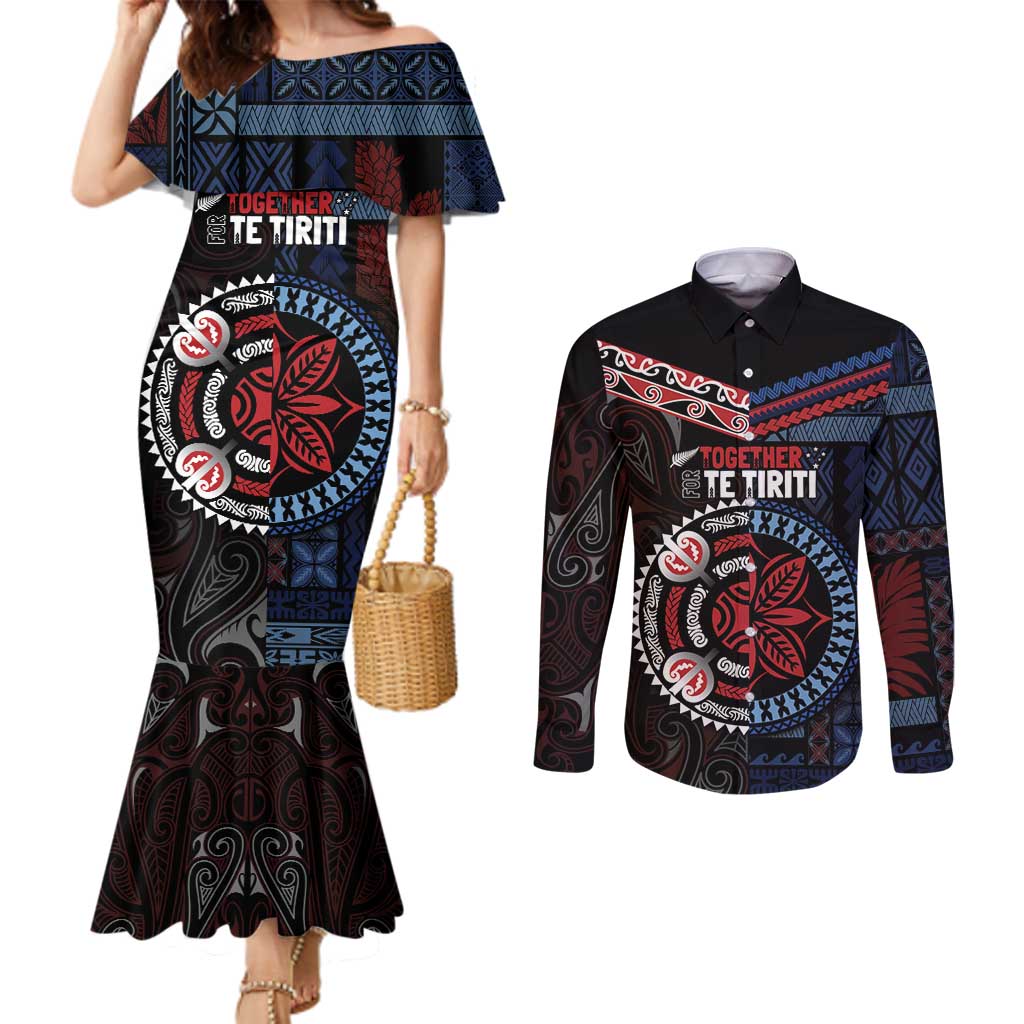 Aotearoa and Samoa Together For Te Tiriti Couples Matching Mermaid Dress and Long Sleeve Button Shirt Kowhaiwhai Mix Siapo - Flag Color LT7 Black - Polynesian Pride