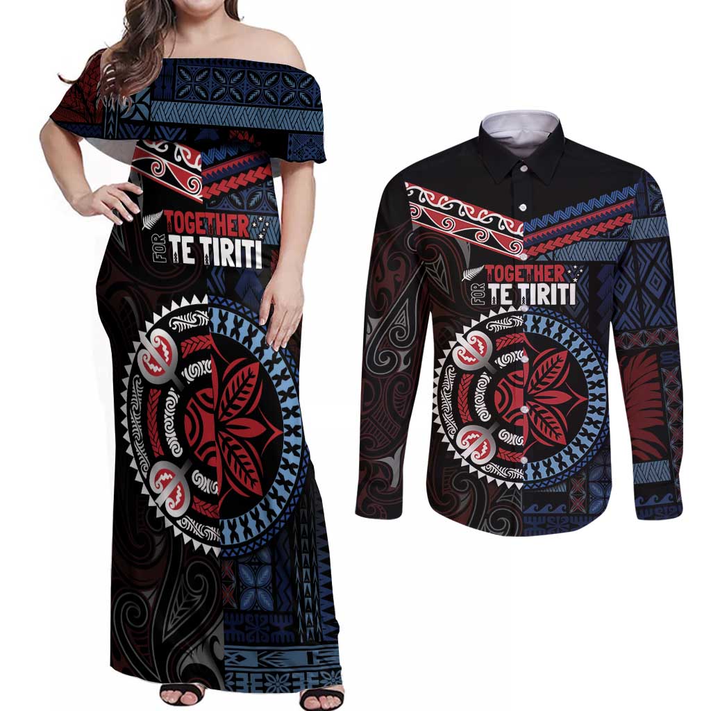 Aotearoa and Samoa Together For Te Tiriti Couples Matching Off Shoulder Maxi Dress and Long Sleeve Button Shirt Kowhaiwhai Mix Siapo - Flag Color LT7 Black - Polynesian Pride