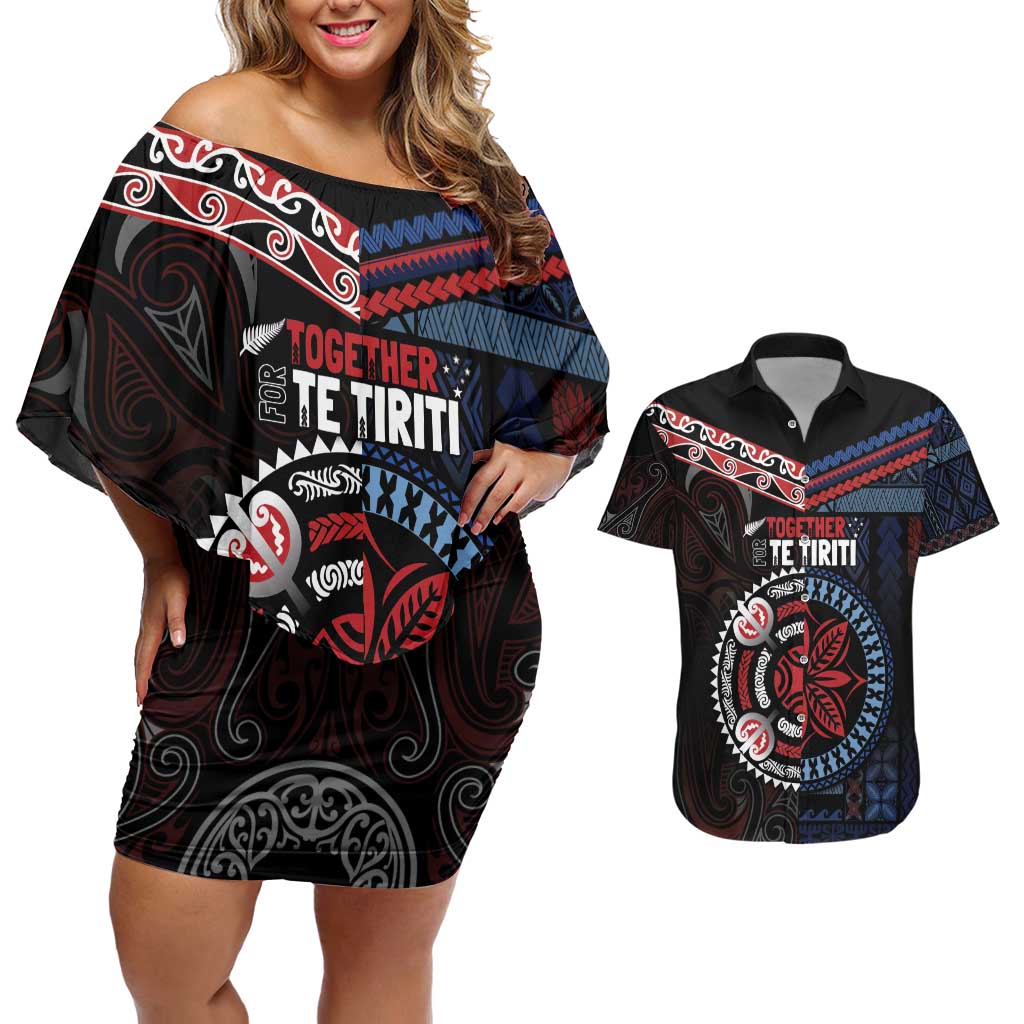 Aotearoa and Samoa Together For Te Tiriti Couples Matching Off Shoulder Short Dress and Hawaiian Shirt Kowhaiwhai Mix Siapo - Flag Color LT7 Black - Polynesian Pride