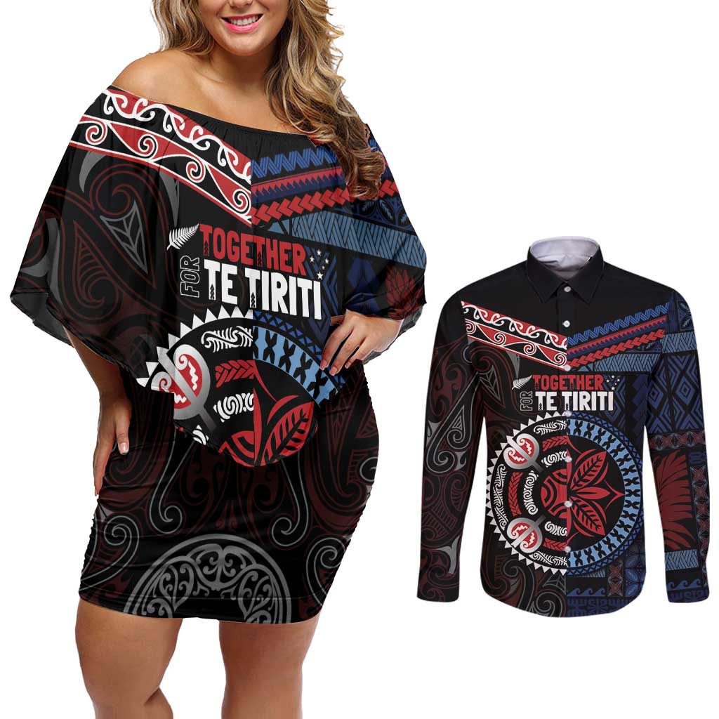 Aotearoa and Samoa Together For Te Tiriti Couples Matching Off Shoulder Short Dress and Long Sleeve Button Shirt Kowhaiwhai Mix Siapo - Flag Color LT7 Black - Polynesian Pride