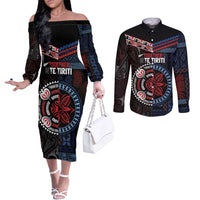 Aotearoa and Samoa Together For Te Tiriti Couples Matching Off The Shoulder Long Sleeve Dress and Long Sleeve Button Shirt Kowhaiwhai Mix Siapo - Flag Color LT7 Black - Polynesian Pride