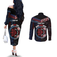 Aotearoa and Samoa Together For Te Tiriti Couples Matching Off The Shoulder Long Sleeve Dress and Long Sleeve Button Shirt Kowhaiwhai Mix Siapo - Flag Color LT7 - Polynesian Pride