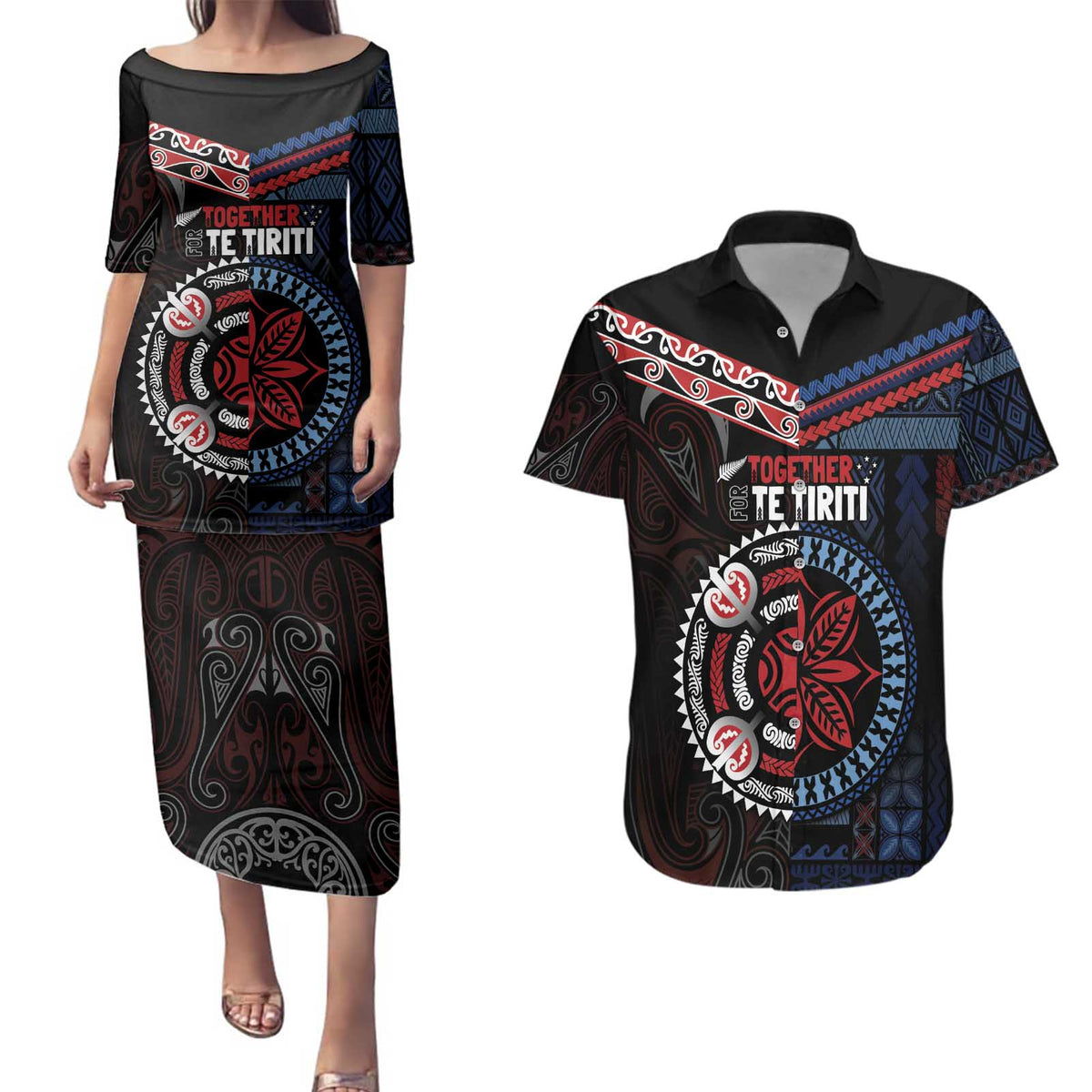 Aotearoa and Samoa Together For Te Tiriti Couples Matching Puletasi and Hawaiian Shirt Kowhaiwhai Mix Siapo - Flag Color LT7 Black - Polynesian Pride