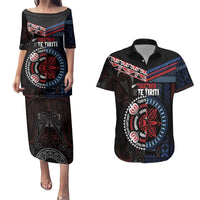 Aotearoa and Samoa Together For Te Tiriti Couples Matching Puletasi and Hawaiian Shirt Kowhaiwhai Mix Siapo - Flag Color LT7 Black - Polynesian Pride