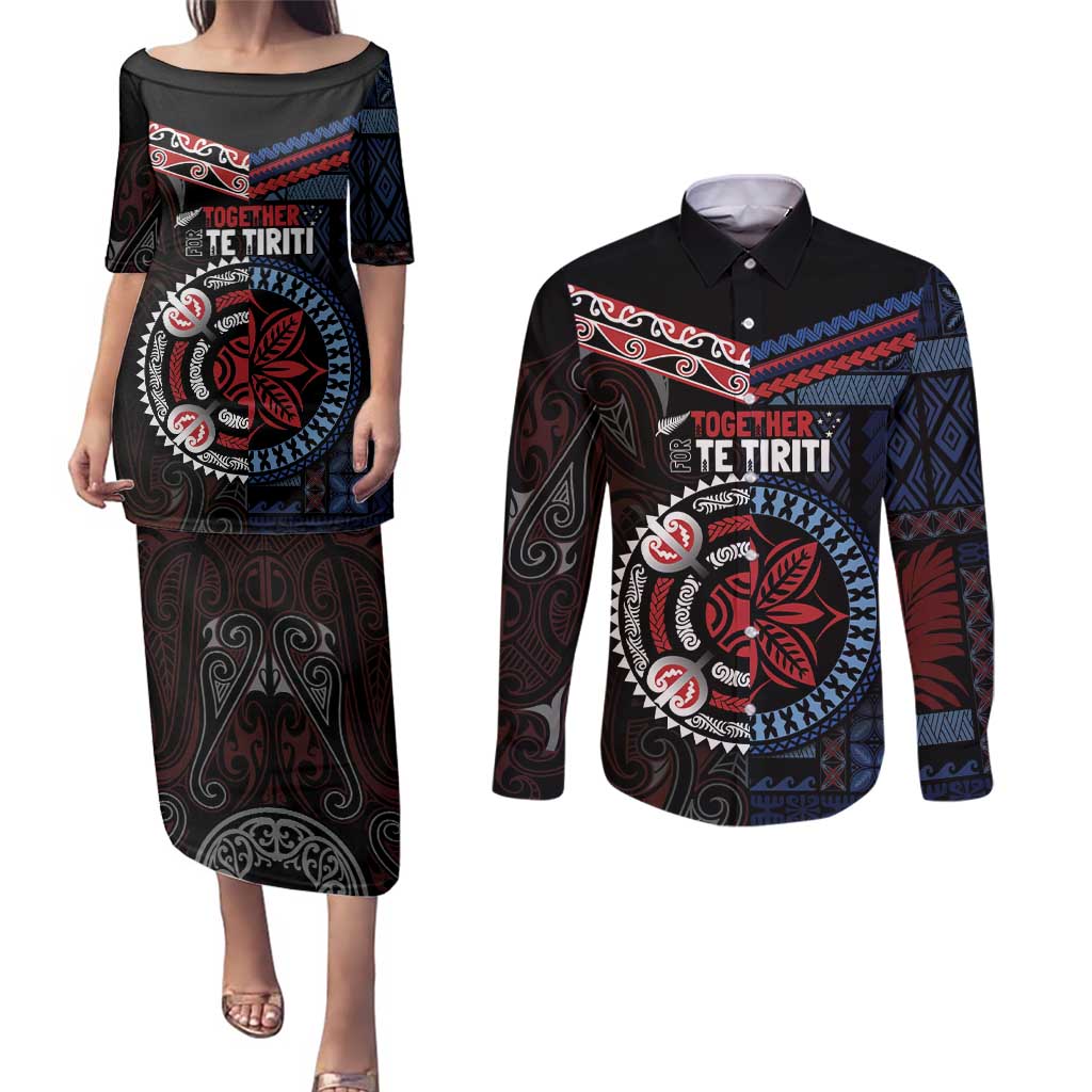 Aotearoa and Samoa Together For Te Tiriti Couples Matching Puletasi and Long Sleeve Button Shirt Kowhaiwhai Mix Siapo - Flag Color LT7 Black - Polynesian Pride