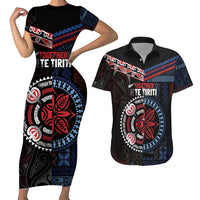 Aotearoa and Samoa Together For Te Tiriti Couples Matching Short Sleeve Bodycon Dress and Hawaiian Shirt Kowhaiwhai Mix Siapo - Flag Color LT7 Black - Polynesian Pride