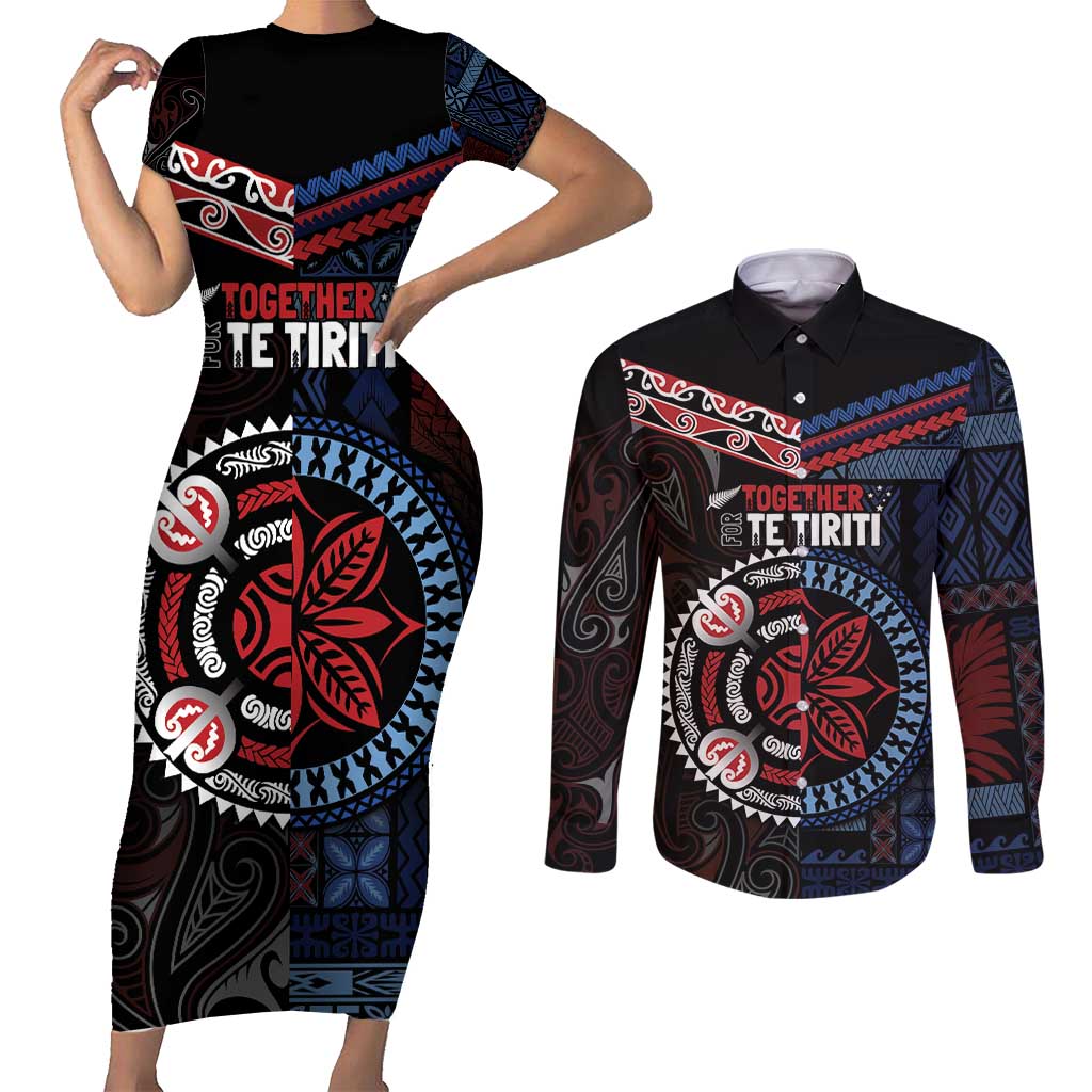 Aotearoa and Samoa Together For Te Tiriti Couples Matching Short Sleeve Bodycon Dress and Long Sleeve Button Shirt Kowhaiwhai Mix Siapo - Flag Color LT7 Black - Polynesian Pride