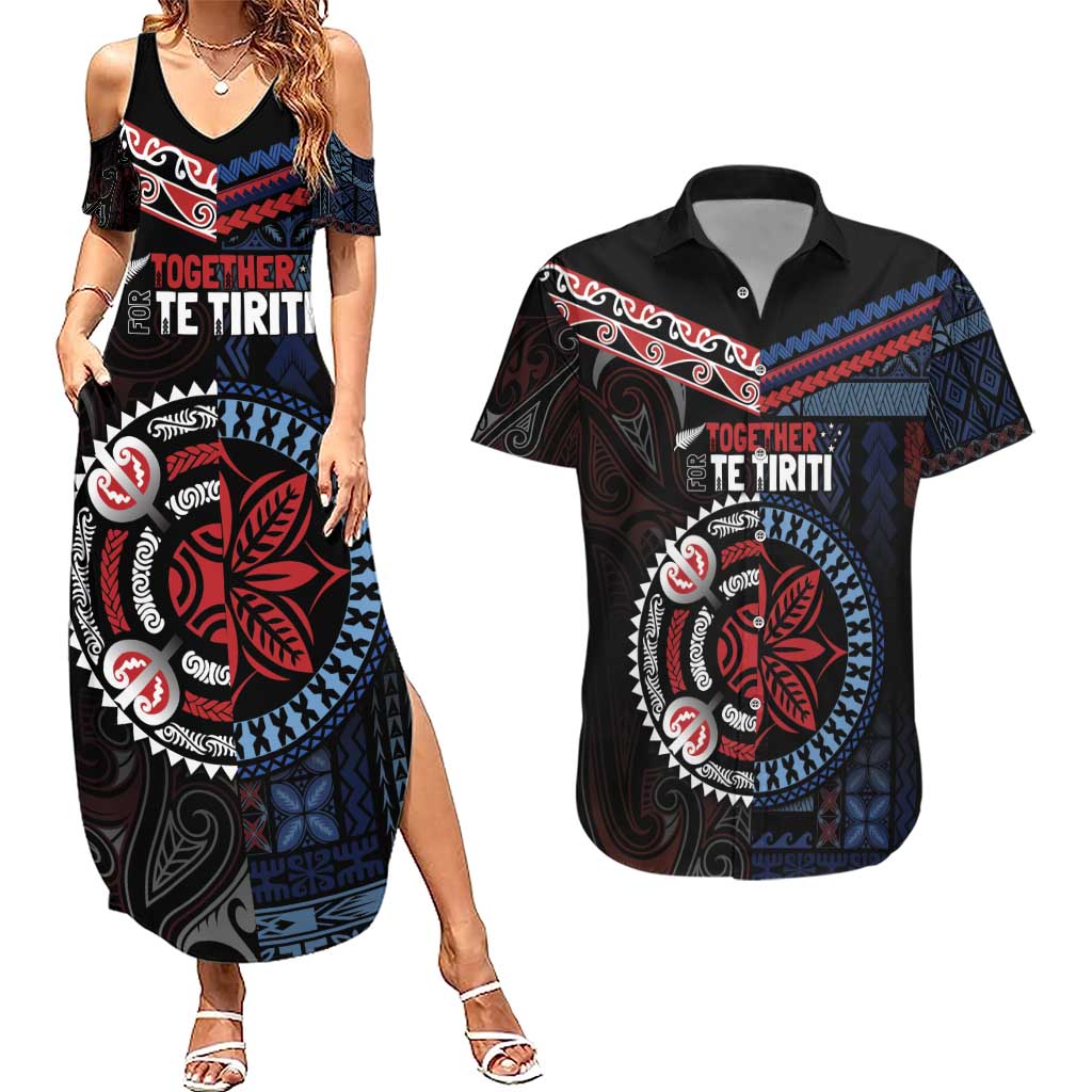 Aotearoa and Samoa Together For Te Tiriti Couples Matching Summer Maxi Dress and Hawaiian Shirt Kowhaiwhai Mix Siapo - Flag Color LT7 Black - Polynesian Pride