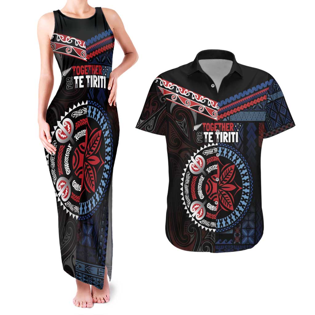 Aotearoa and Samoa Together For Te Tiriti Couples Matching Tank Maxi Dress and Hawaiian Shirt Kowhaiwhai Mix Siapo - Flag Color LT7 Black - Polynesian Pride