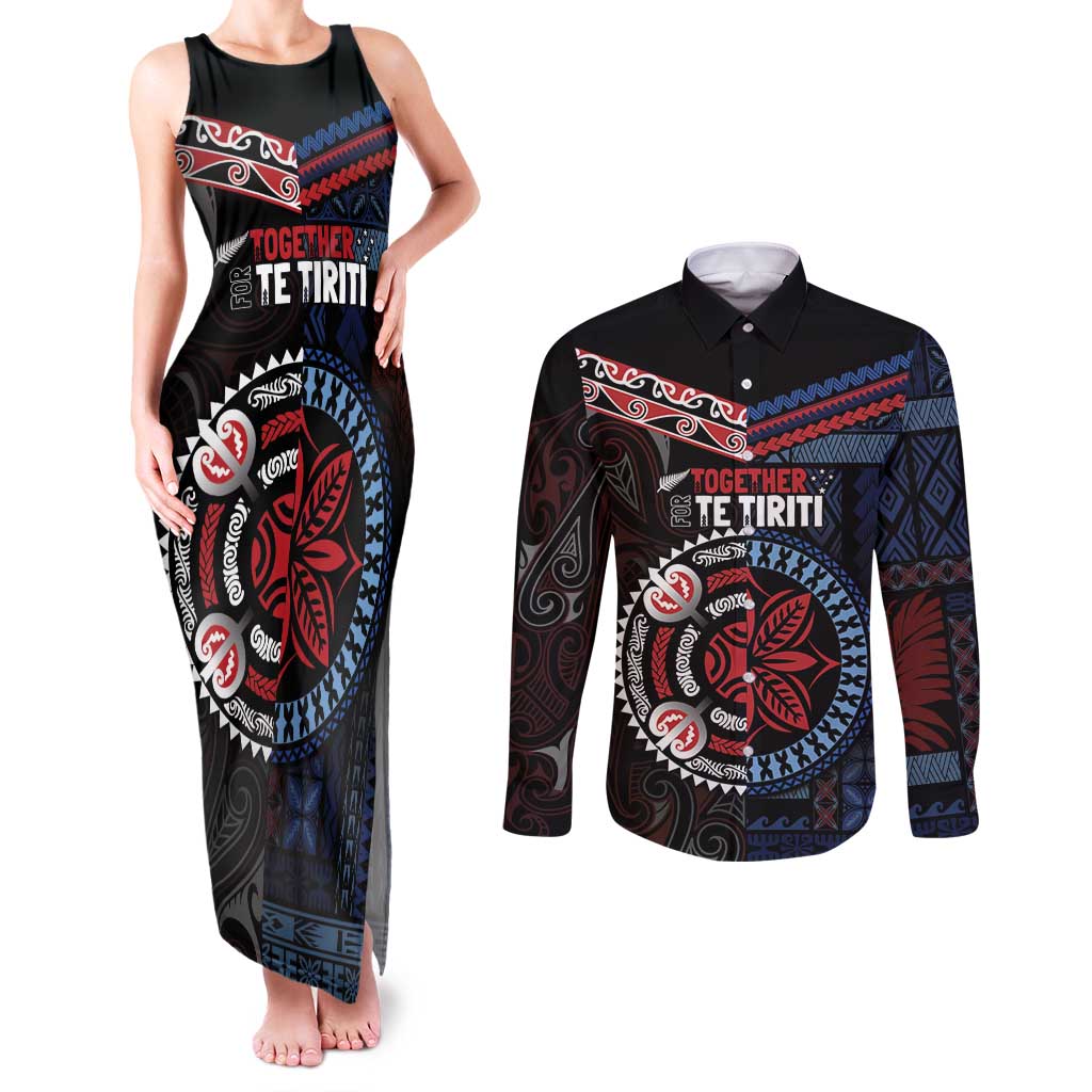 Aotearoa and Samoa Together For Te Tiriti Couples Matching Tank Maxi Dress and Long Sleeve Button Shirt Kowhaiwhai Mix Siapo - Flag Color LT7 Black - Polynesian Pride
