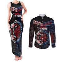 Aotearoa and Samoa Together For Te Tiriti Couples Matching Tank Maxi Dress and Long Sleeve Button Shirt Kowhaiwhai Mix Siapo - Flag Color LT7 Black - Polynesian Pride