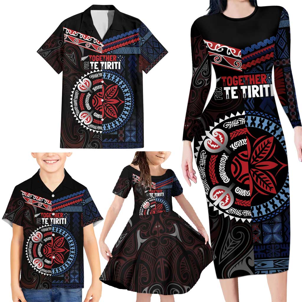 Aotearoa and Samoa Together For Te Tiriti Family Matching Long Sleeve Bodycon Dress and Hawaiian Shirt Kowhaiwhai Mix Siapo - Flag Color LT7 - Polynesian Pride