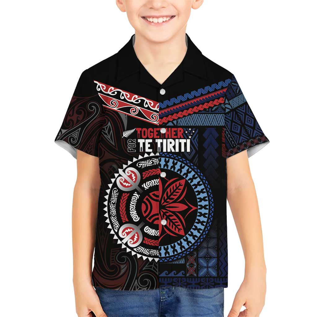 Aotearoa and Samoa Together For Te Tiriti Family Matching Long Sleeve Bodycon Dress and Hawaiian Shirt Kowhaiwhai Mix Siapo - Flag Color LT7 Son's Shirt Black - Polynesian Pride