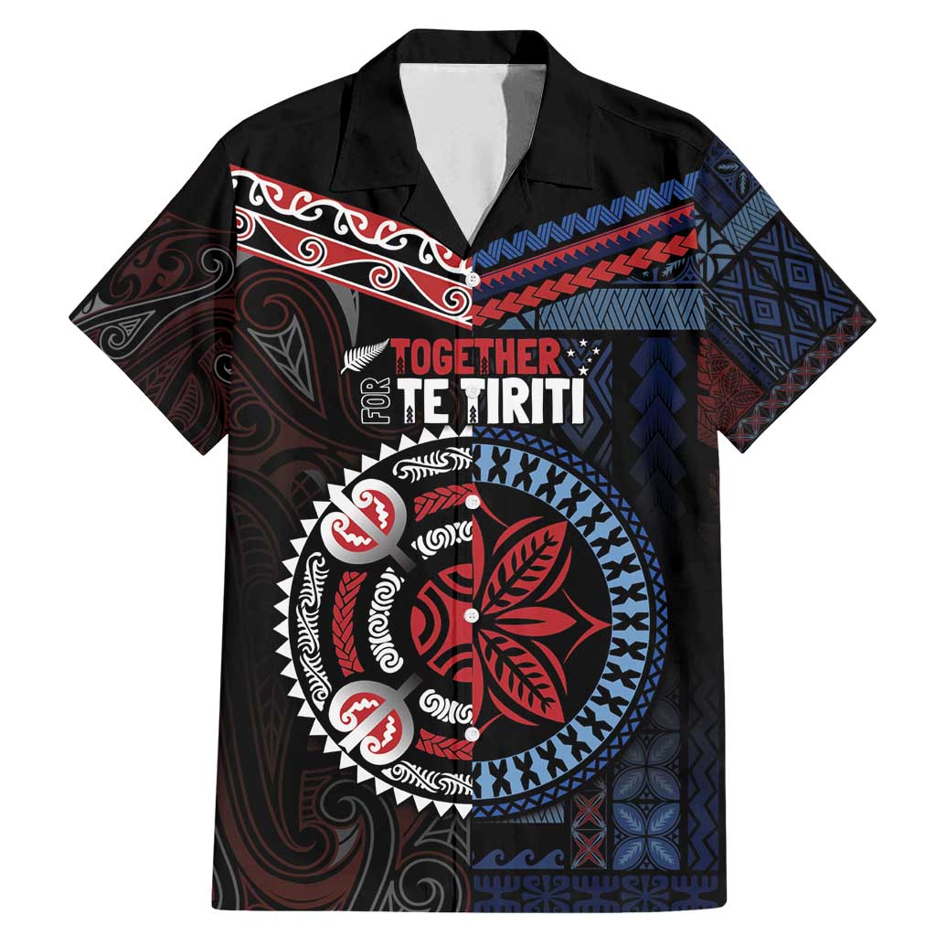Aotearoa and Samoa Together For Te Tiriti Family Matching Mermaid Dress and Hawaiian Shirt Kowhaiwhai Mix Siapo - Flag Color LT7 Dad's Shirt - Short Sleeve Black - Polynesian Pride