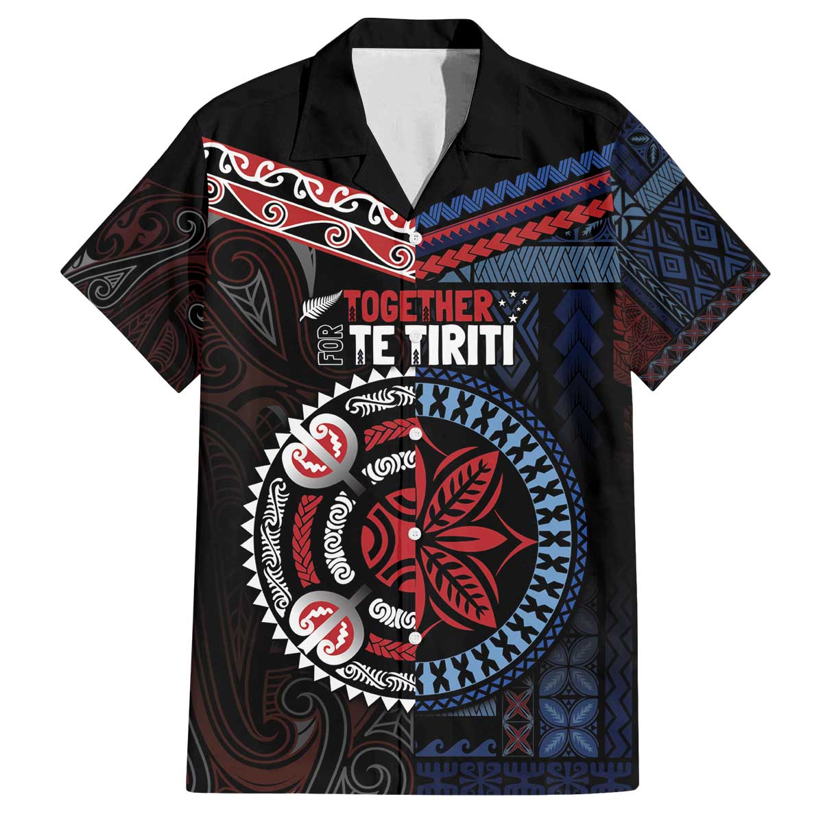 Aotearoa and Samoa Together For Te Tiriti Family Matching Off The Shoulder Long Sleeve Dress and Hawaiian Shirt Kowhaiwhai Mix Siapo - Flag Color LT7 Dad's Shirt - Short Sleeve Black - Polynesian Pride