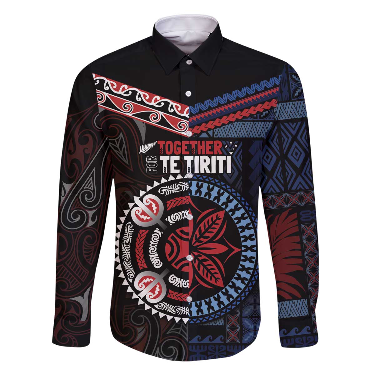 Aotearoa and Samoa Together For Te Tiriti Family Matching Off The Shoulder Long Sleeve Dress and Hawaiian Shirt Kowhaiwhai Mix Siapo - Flag Color LT7 Dad's Shirt - Long Sleeve Black - Polynesian Pride