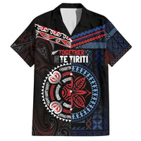 Aotearoa and Samoa Together For Te Tiriti Family Matching Off Shoulder Maxi Dress and Hawaiian Shirt Kowhaiwhai Mix Siapo - Flag Color LT7 Dad's Shirt - Short Sleeve Black - Polynesian Pride