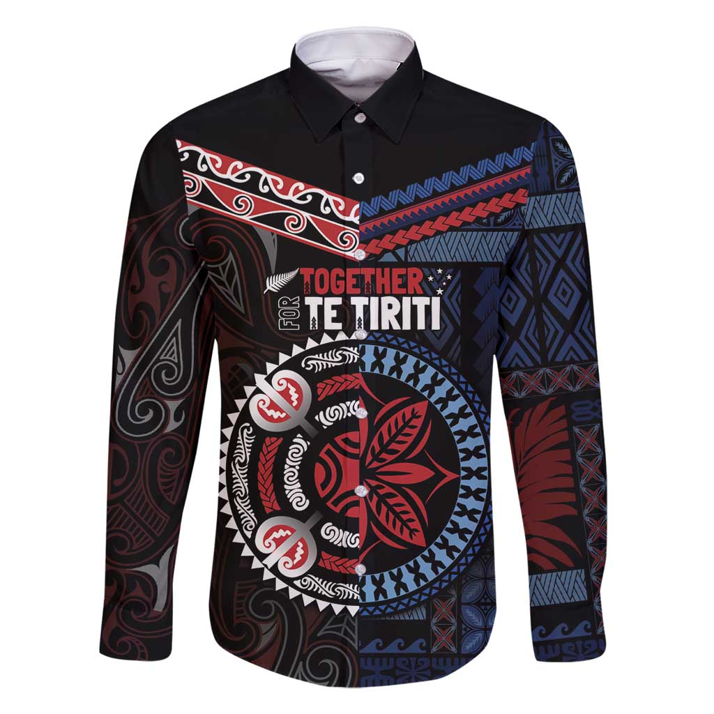 Aotearoa and Samoa Together For Te Tiriti Family Matching Off Shoulder Maxi Dress and Hawaiian Shirt Kowhaiwhai Mix Siapo - Flag Color LT7 Dad's Shirt - Long Sleeve Black - Polynesian Pride