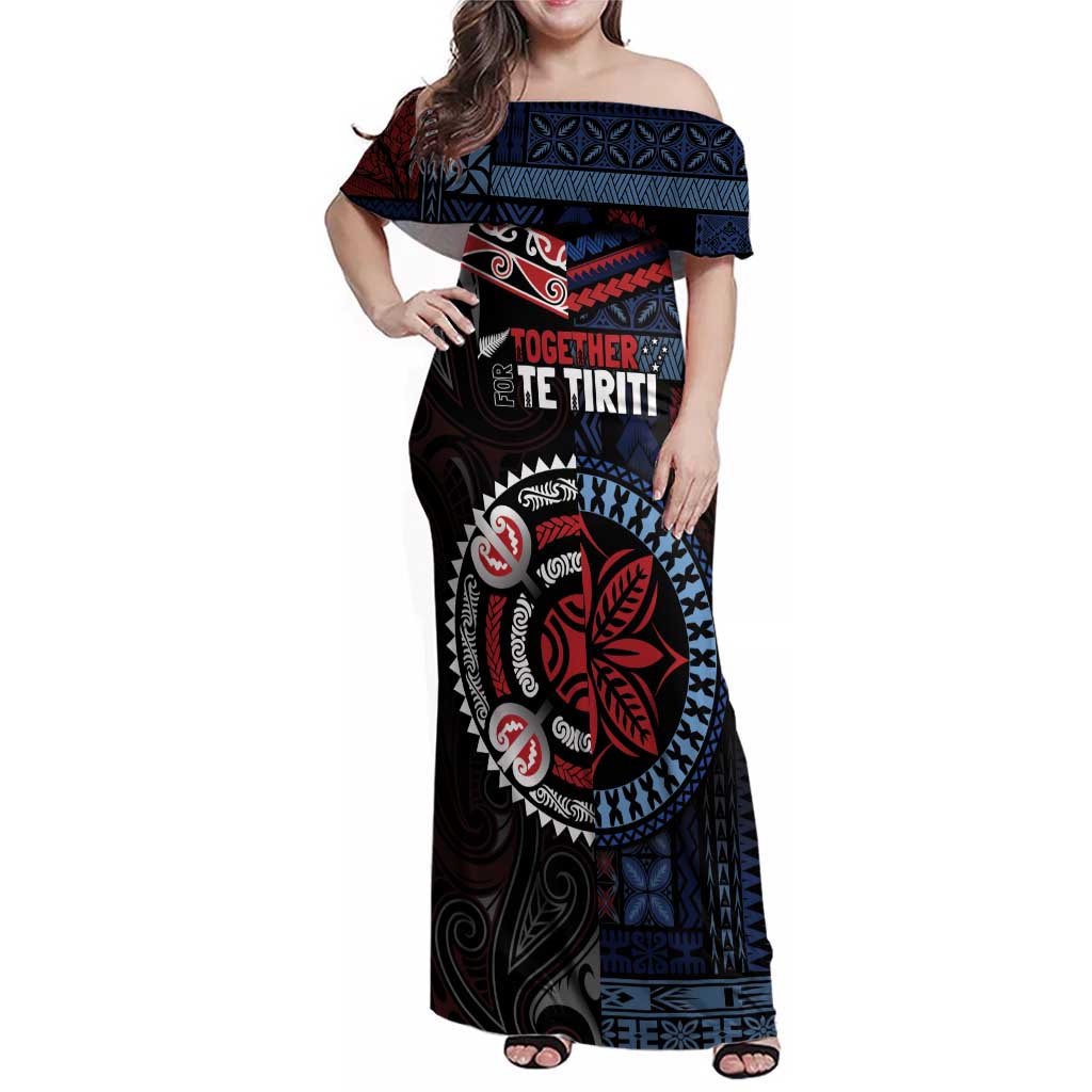 Aotearoa and Samoa Together For Te Tiriti Family Matching Off Shoulder Maxi Dress and Hawaiian Shirt Kowhaiwhai Mix Siapo - Flag Color LT7 Mom's Dress Black - Polynesian Pride