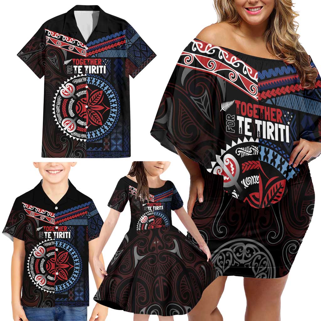Aotearoa and Samoa Together For Te Tiriti Family Matching Off Shoulder Short Dress and Hawaiian Shirt Kowhaiwhai Mix Siapo - Flag Color LT7 - Polynesian Pride