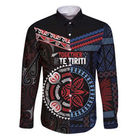 Aotearoa and Samoa Together For Te Tiriti Family Matching Off Shoulder Short Dress and Hawaiian Shirt Kowhaiwhai Mix Siapo - Flag Color LT7 Dad's Shirt - Long Sleeve Black - Polynesian Pride