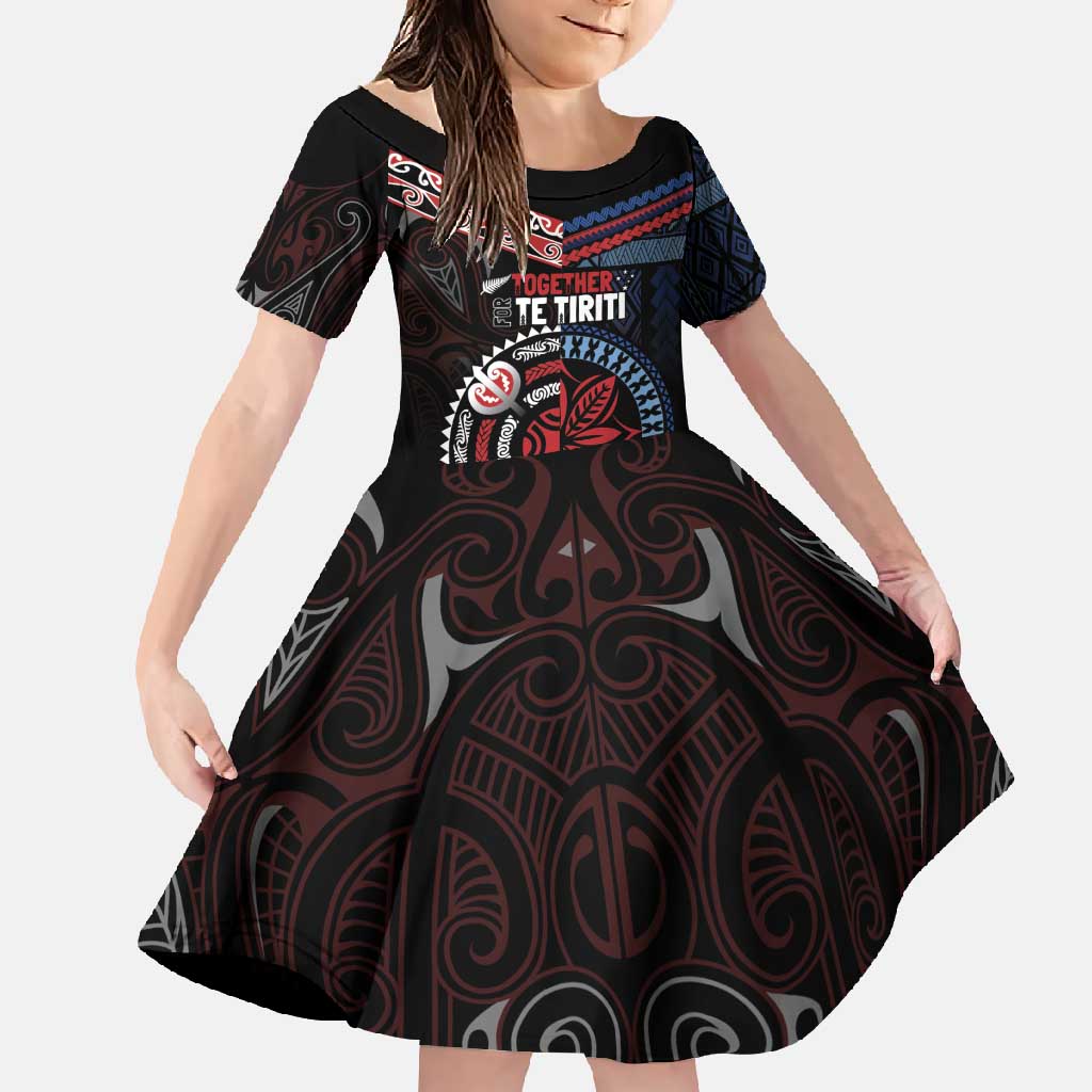 Aotearoa and Samoa Together For Te Tiriti Family Matching Tank Maxi Dress and Hawaiian Shirt Kowhaiwhai Mix Siapo - Flag Color LT7 Daughter's Dress Black - Polynesian Pride