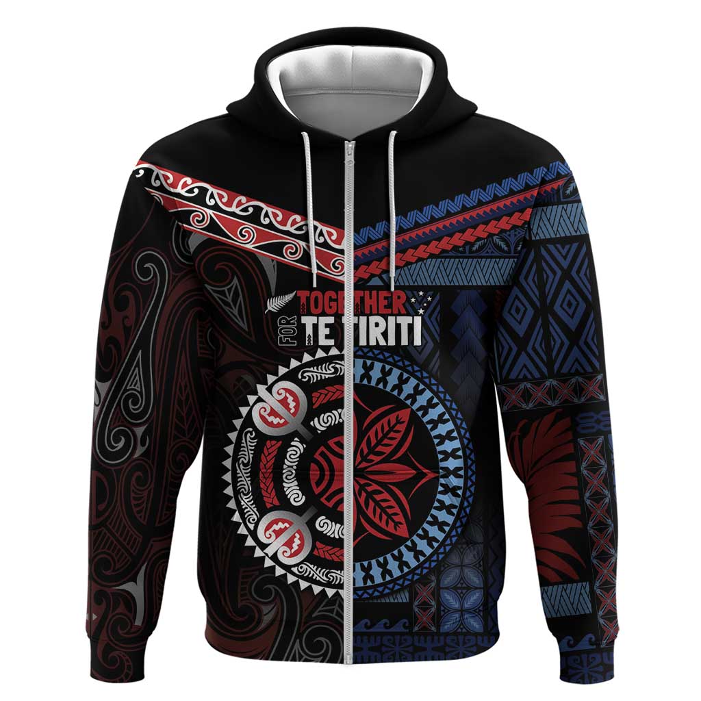 Aotearoa and Samoa Together For Te Tiriti Hoodie Kowhaiwhai Mix Siapo - Flag Color LT7 Zip Hoodie Black - Polynesian Pride