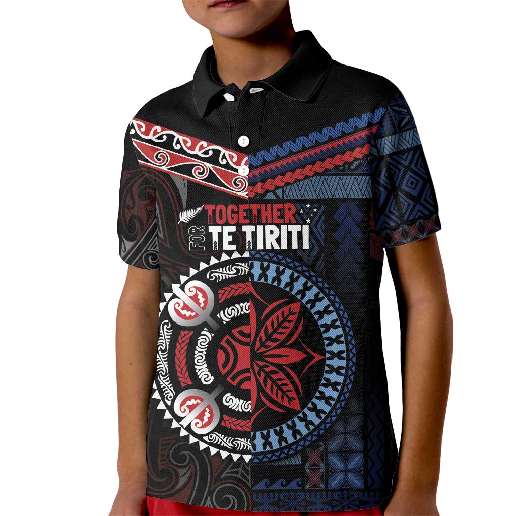 Aotearoa and Samoa Together For Te Tiriti Kid Polo Shirt Kowhaiwhai Mix Siapo - Flag Color LT7 Kid Black - Polynesian Pride