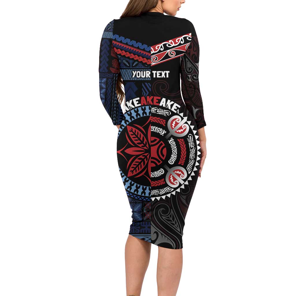 Aotearoa and Samoa Together For Te Tiriti Long Sleeve Bodycon Dress Kowhaiwhai Mix Siapo - Flag Color LT7 - Polynesian Pride