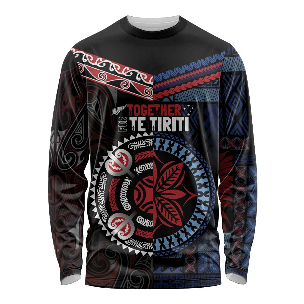 Aotearoa and Samoa Together For Te Tiriti Long Sleeve Shirt Kowhaiwhai Mix Siapo - Flag Color LT7 Unisex Black - Polynesian Pride