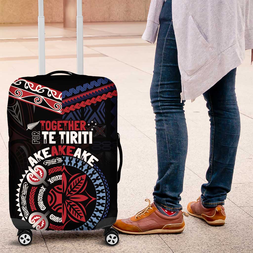 Aotearoa and Samoa Together For Te Tiriti Luggage Cover Kowhaiwhai Mix Siapo - Flag Color LT7 Black - Polynesian Pride