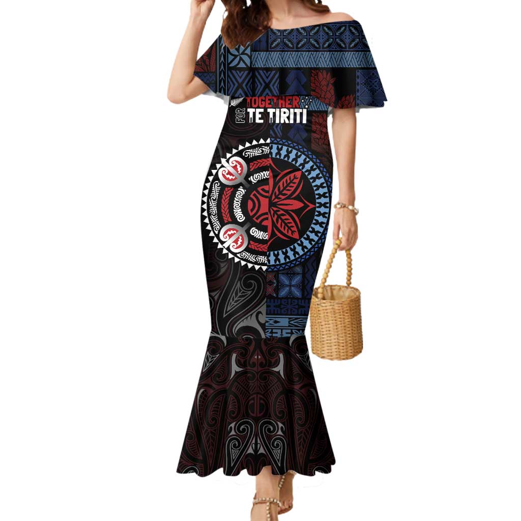Aotearoa and Samoa Together For Te Tiriti Mermaid Dress Kowhaiwhai Mix Siapo - Flag Color LT7 Women Black - Polynesian Pride