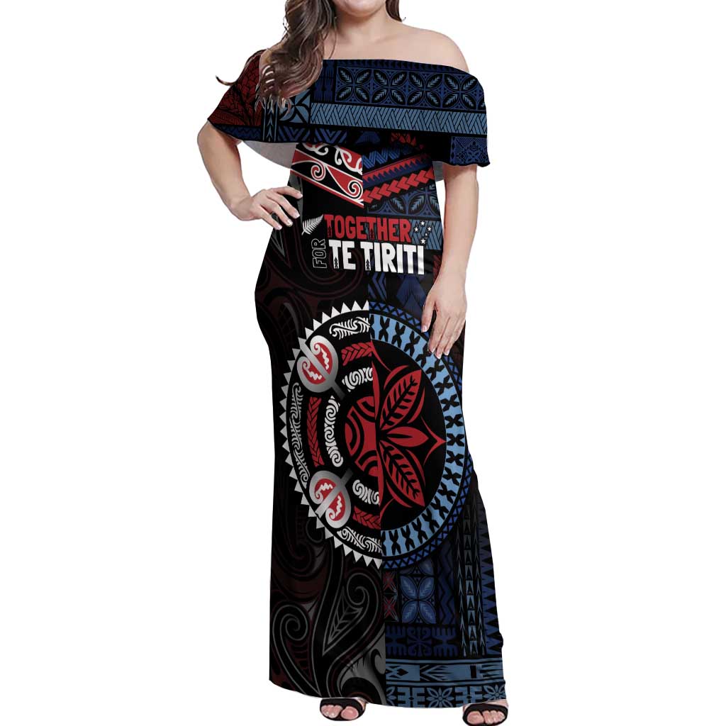 Aotearoa and Samoa Together For Te Tiriti Off Shoulder Maxi Dress Kowhaiwhai Mix Siapo - Flag Color LT7 Women Black - Polynesian Pride