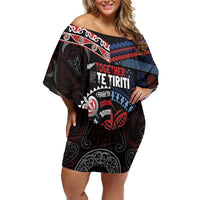 Aotearoa and Samoa Together For Te Tiriti Off Shoulder Short Dress Kowhaiwhai Mix Siapo - Flag Color LT7 Women Black - Polynesian Pride