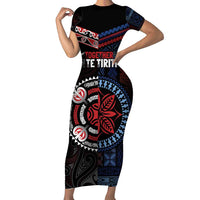 Aotearoa and Samoa Together For Te Tiriti Short Sleeve Bodycon Dress Kowhaiwhai Mix Siapo - Flag Color LT7 Long Dress Black - Polynesian Pride
