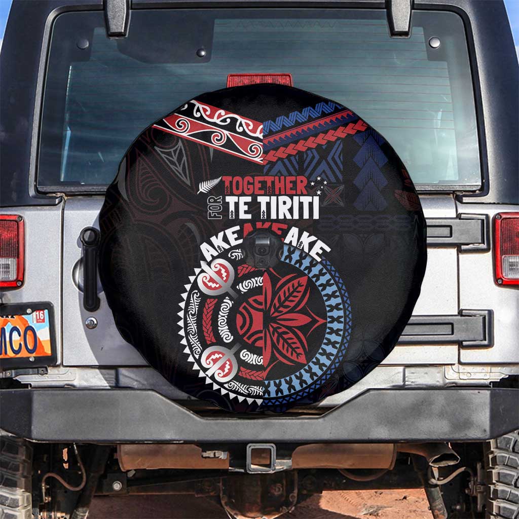 Aotearoa and Samoa Together For Te Tiriti Spare Tire Cover Kowhaiwhai Mix Siapo - Flag Color LT7 Black - Polynesian Pride