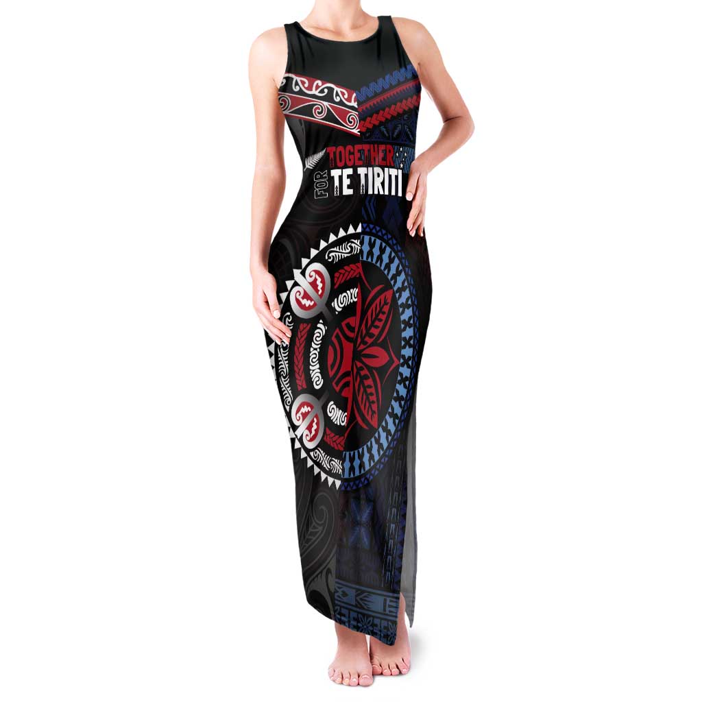 Aotearoa and Samoa Together For Te Tiriti Tank Maxi Dress Kowhaiwhai Mix Siapo - Flag Color LT7 Women Black - Polynesian Pride