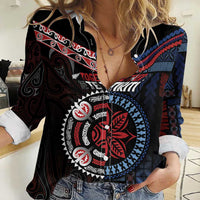 Aotearoa and Samoa Together For Te Tiriti Women Casual Shirt Kowhaiwhai Mix Siapo - Flag Color LT7 Female Black - Polynesian Pride