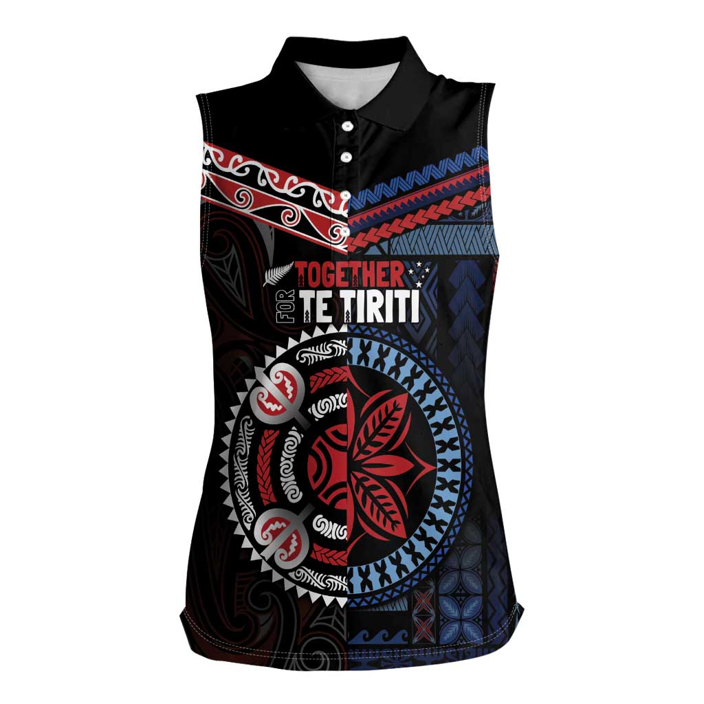 Aotearoa and Samoa Together For Te Tiriti Women Sleeveless Polo Shirt Kowhaiwhai Mix Siapo - Flag Color LT7 Female Black - Polynesian Pride