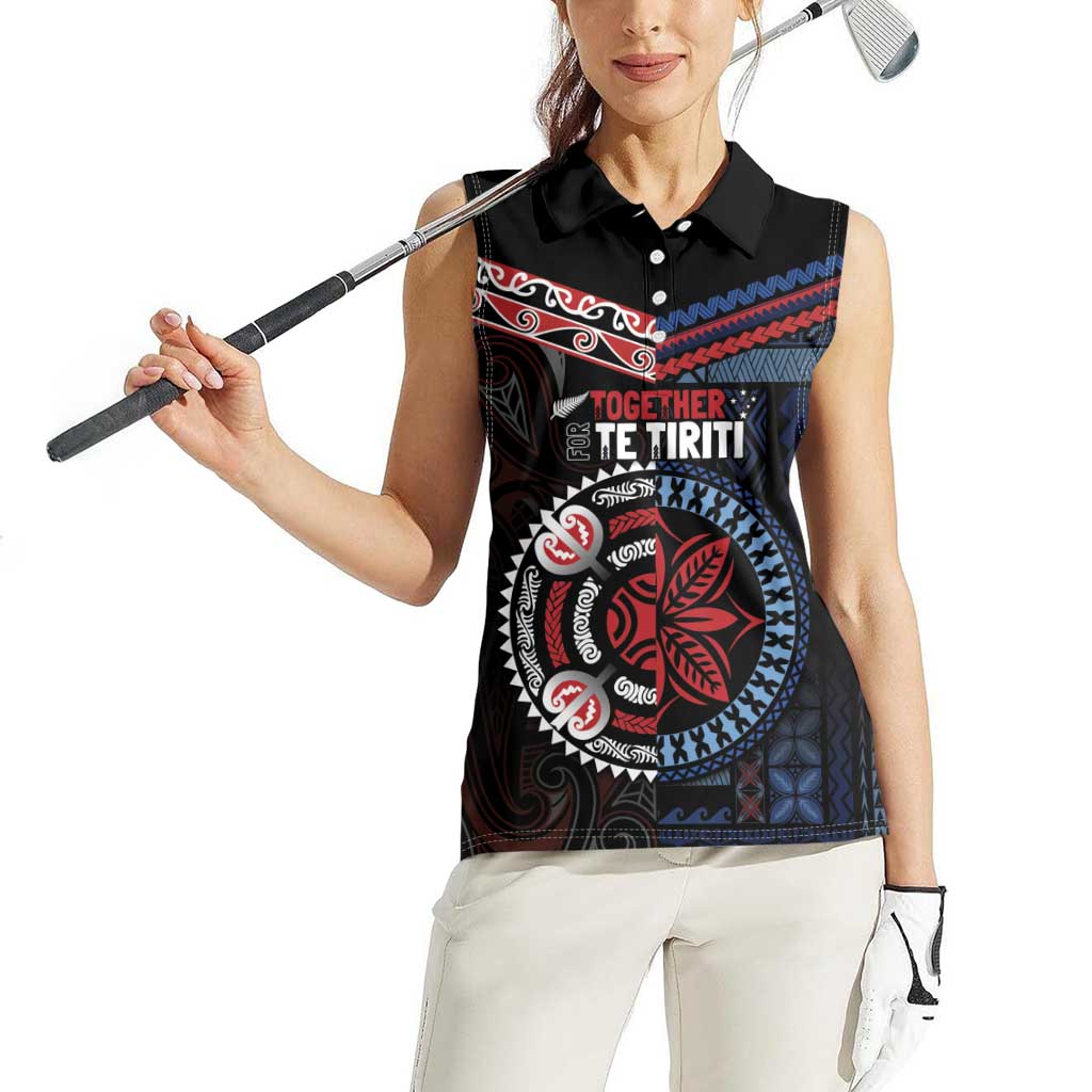Aotearoa and Samoa Together For Te Tiriti Women Sleeveless Polo Shirt Kowhaiwhai Mix Siapo - Flag Color LT7 - Polynesian Pride