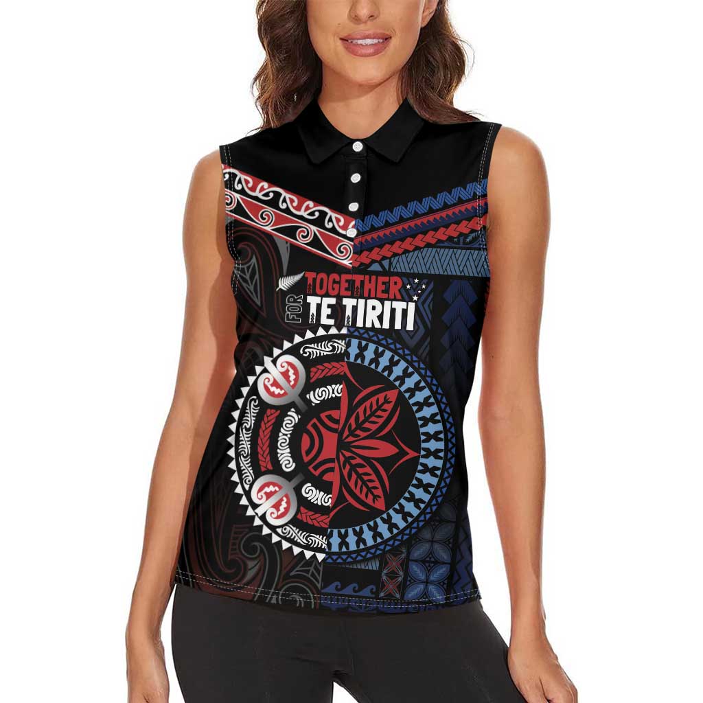 Aotearoa and Samoa Together For Te Tiriti Women Sleeveless Polo Shirt Kowhaiwhai Mix Siapo - Flag Color LT7 - Polynesian Pride