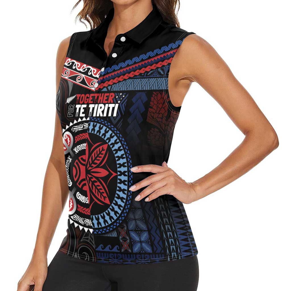 Aotearoa and Samoa Together For Te Tiriti Women Sleeveless Polo Shirt Kowhaiwhai Mix Siapo - Flag Color LT7 - Polynesian Pride