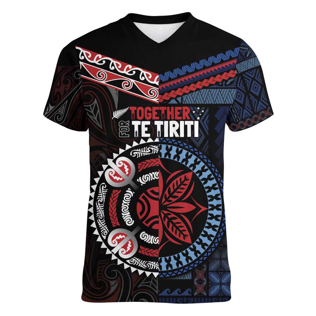 Aotearoa and Samoa Together For Te Tiriti Women V-Neck T-Shirt Kowhaiwhai Mix Siapo - Flag Color LT7 Female Black - Polynesian Pride