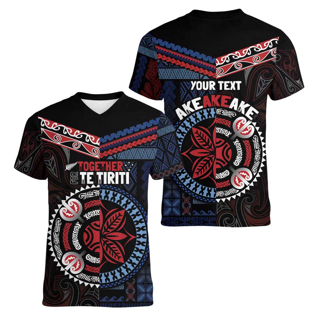 Aotearoa and Samoa Together For Te Tiriti Women V-Neck T-Shirt Kowhaiwhai Mix Siapo - Flag Color LT7 - Polynesian Pride