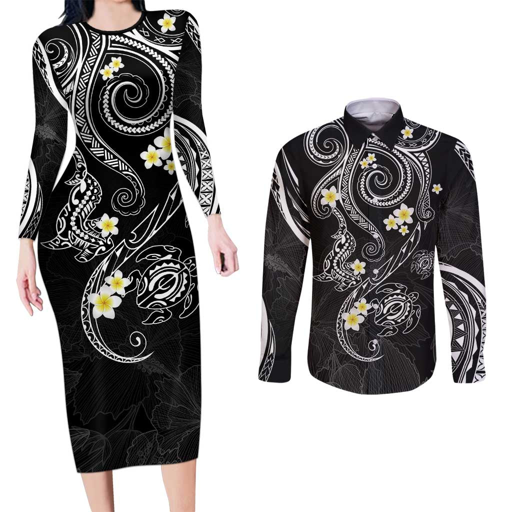 Polynesia Tribal Couples Matching Long Sleeve Bodycon Dress and Long Sleeve Button Shirt Tentacles Plumeria LT7 Black - Polynesian Pride