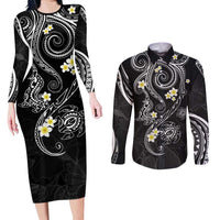 Polynesia Tribal Couples Matching Long Sleeve Bodycon Dress and Long Sleeve Button Shirt Tentacles Plumeria