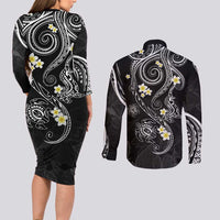 Polynesia Tribal Couples Matching Long Sleeve Bodycon Dress and Long Sleeve Button Shirt Tentacles Plumeria