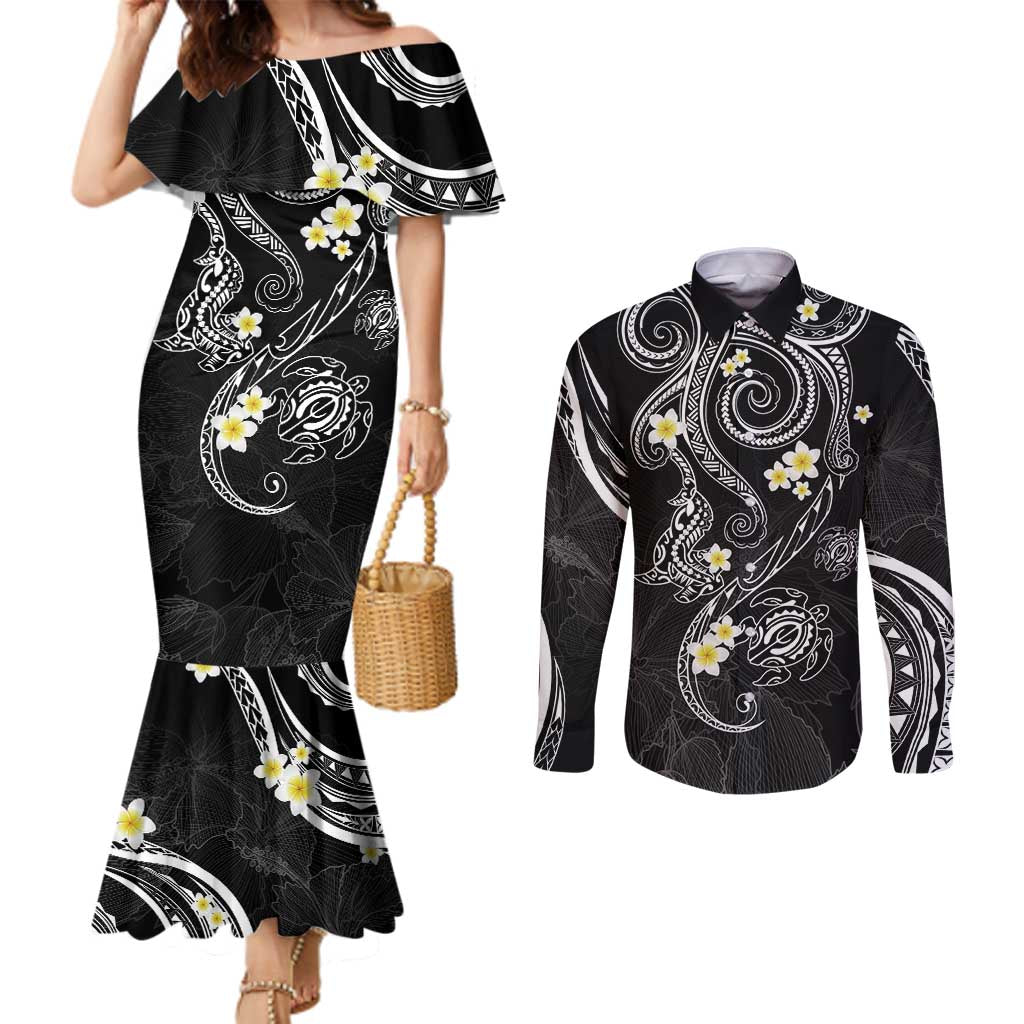 Polynesia Tribal Couples Matching Mermaid Dress and Long Sleeve Button Shirt Tentacles Plumeria LT7 Black - Polynesian Pride