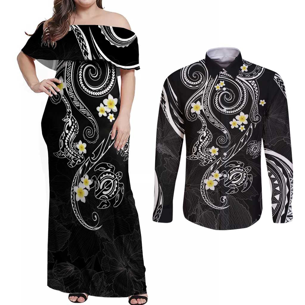 Polynesia Tribal Couples Matching Off Shoulder Maxi Dress and Long Sleeve Button Shirt Tentacles Plumeria LT7 Black - Polynesian Pride